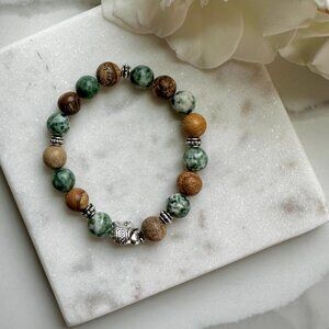 Green Jasper elephant charm Beaded Bracelet • Natural Earth Tone Gemstone